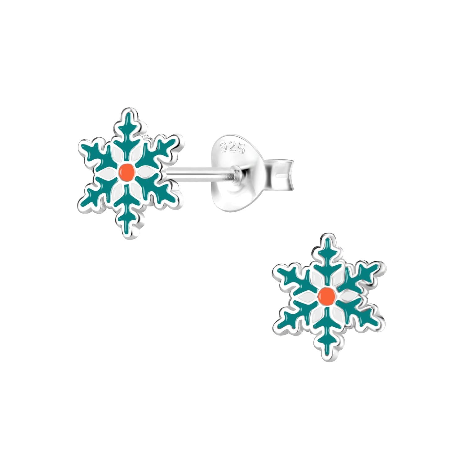 Melchior Jewellery snowflake stud earrings for kids in silver with blue and orange details