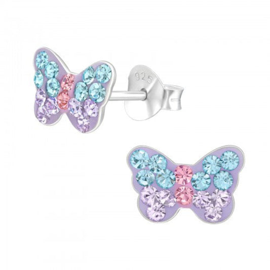 Melchior Jewellery sparkly butterfly stud earrings for kids with blue pink and purple crystals
