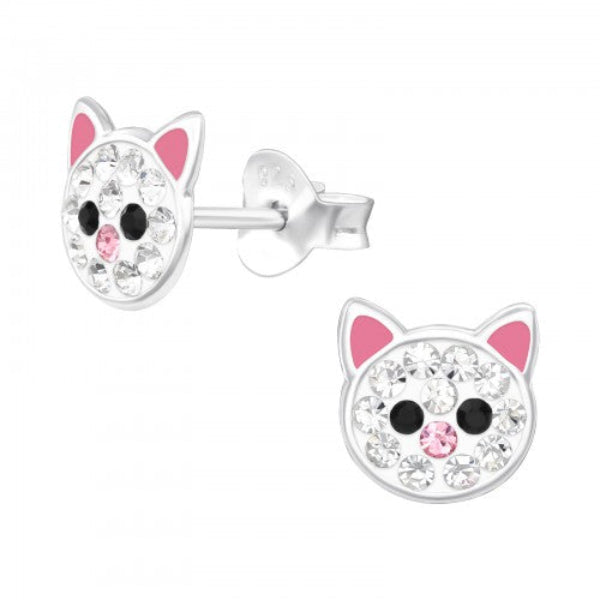 Melchior Jewellery sparkly cat stud earrings for kids with pink and black details in silver tone