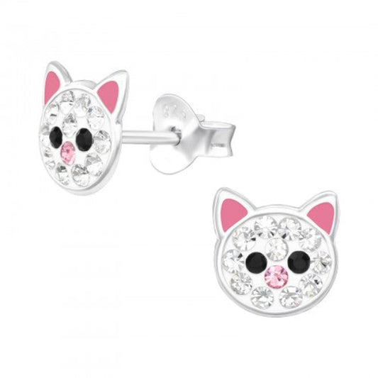Melchior Jewellery sparkly cat stud earrings for kids with pink and black details in silver tone