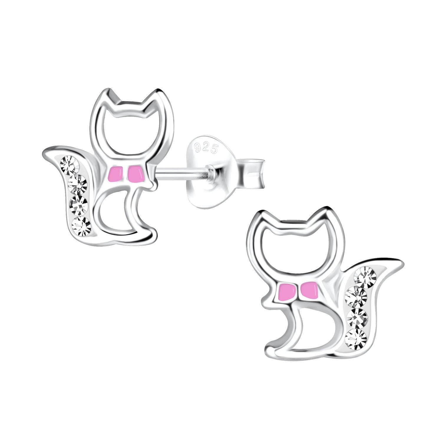 Melchior Jewellery sparkly cat stud earrings for kids in silver with pink bow and clear crystals