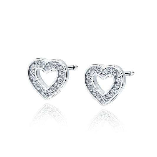 Melchior Jewellery sparkly cubic zirconia heart earrings silver heart stud with pave stones and hollow centre