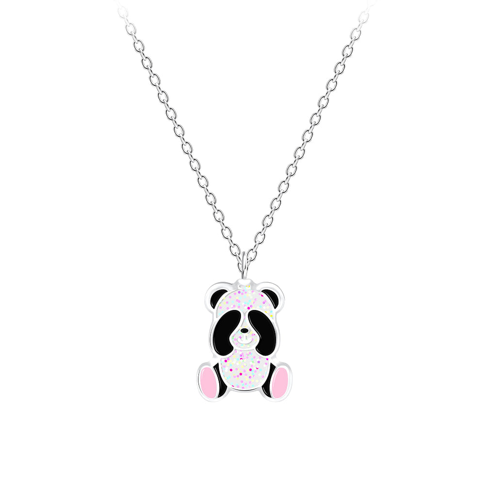 Melchior Jewellery sparkly panda bear necklace for kids with glittery silver chain and pink details
