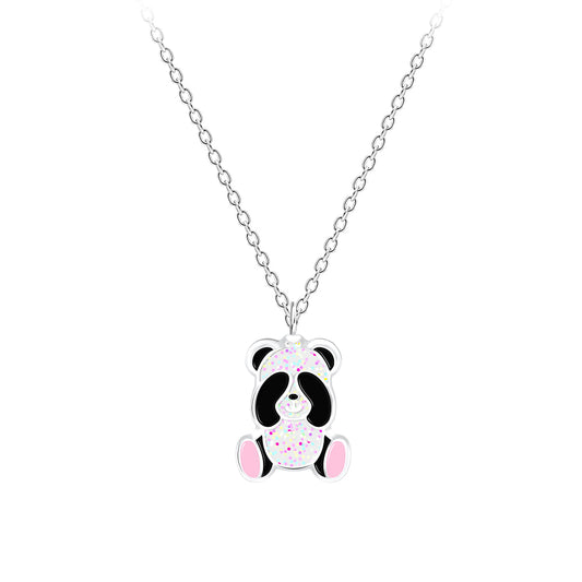 Melchior Jewellery sparkly panda bear necklace for kids with glittery silver chain and pink details