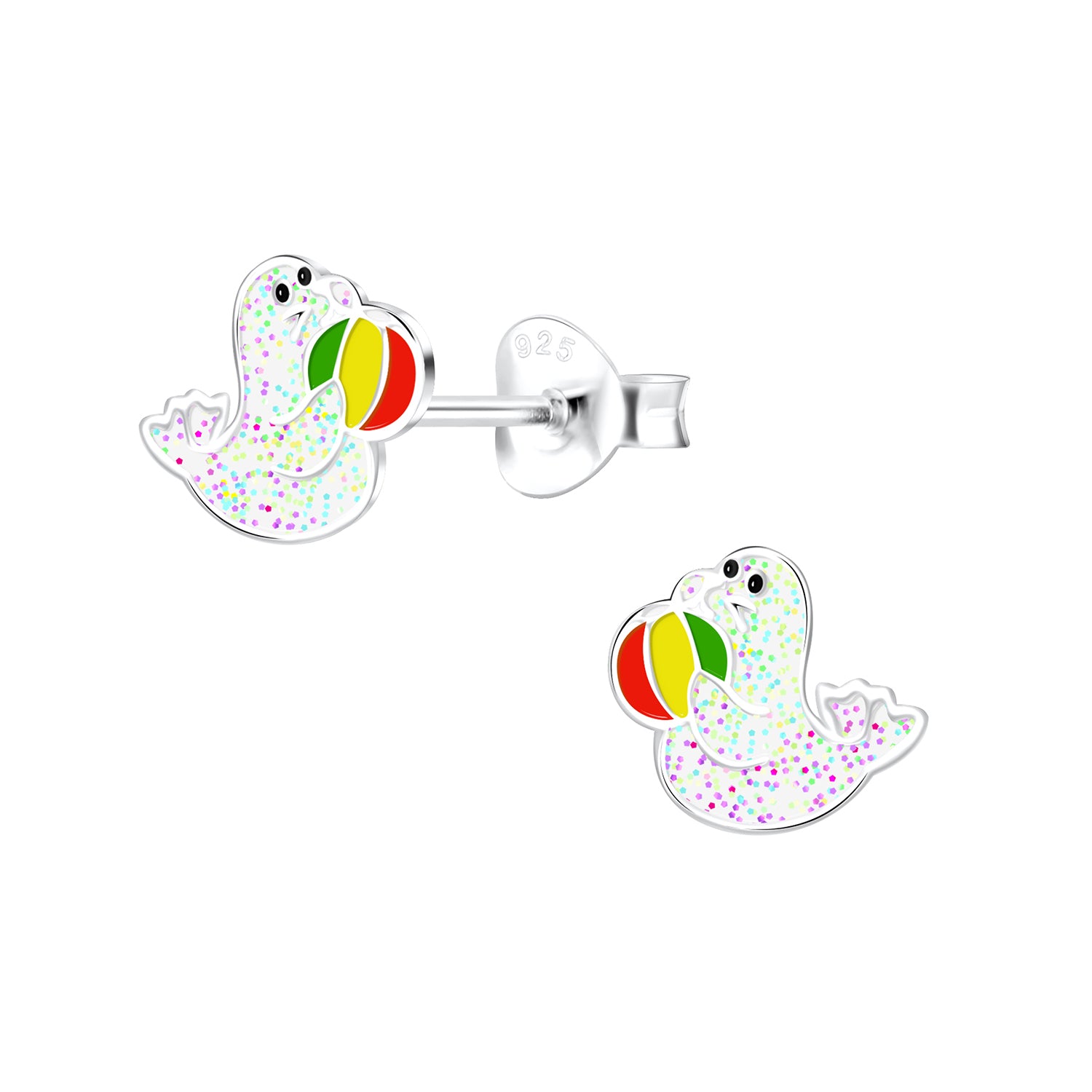 Melchior Jewellery sparkly seal stud earrings for kids in silver with colourful beach ball detail