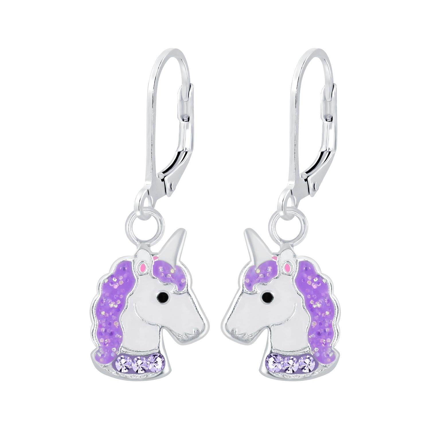 Melchior Jewellery sparkly unicorn leverback earrings with silver finish and purple glitter mane and collar detailing
