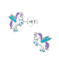 Sparkly winged unicorn stud earrings for kids by Melchior Jewellery in silver with purple and blue accents