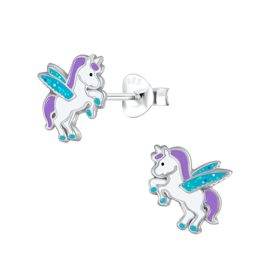 Sparkly winged unicorn stud earrings for kids by Melchior Jewellery in silver with purple and blue accents