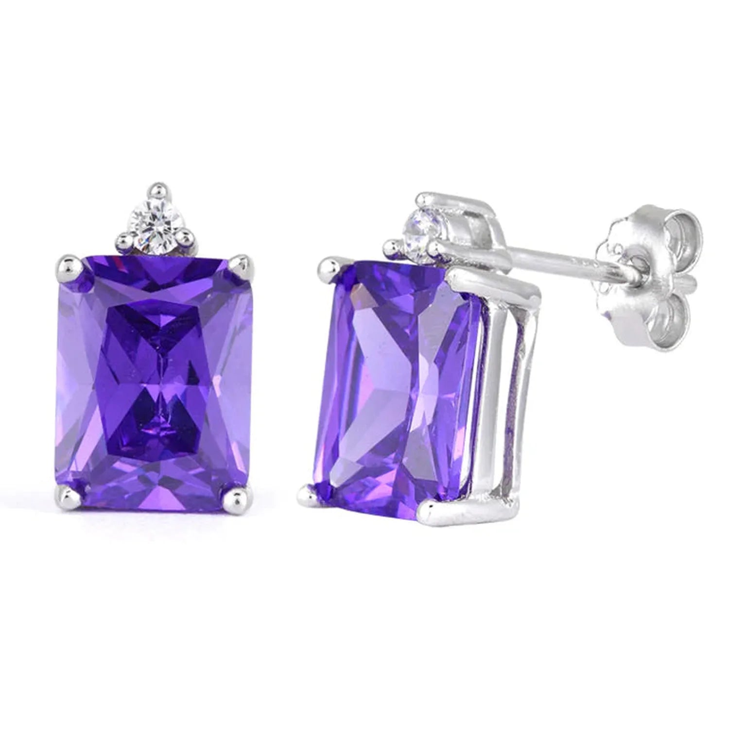 Sterling amethyst CZ earrings featuring rectangular purple stones set in silver with a small clear cubic zirconia detail