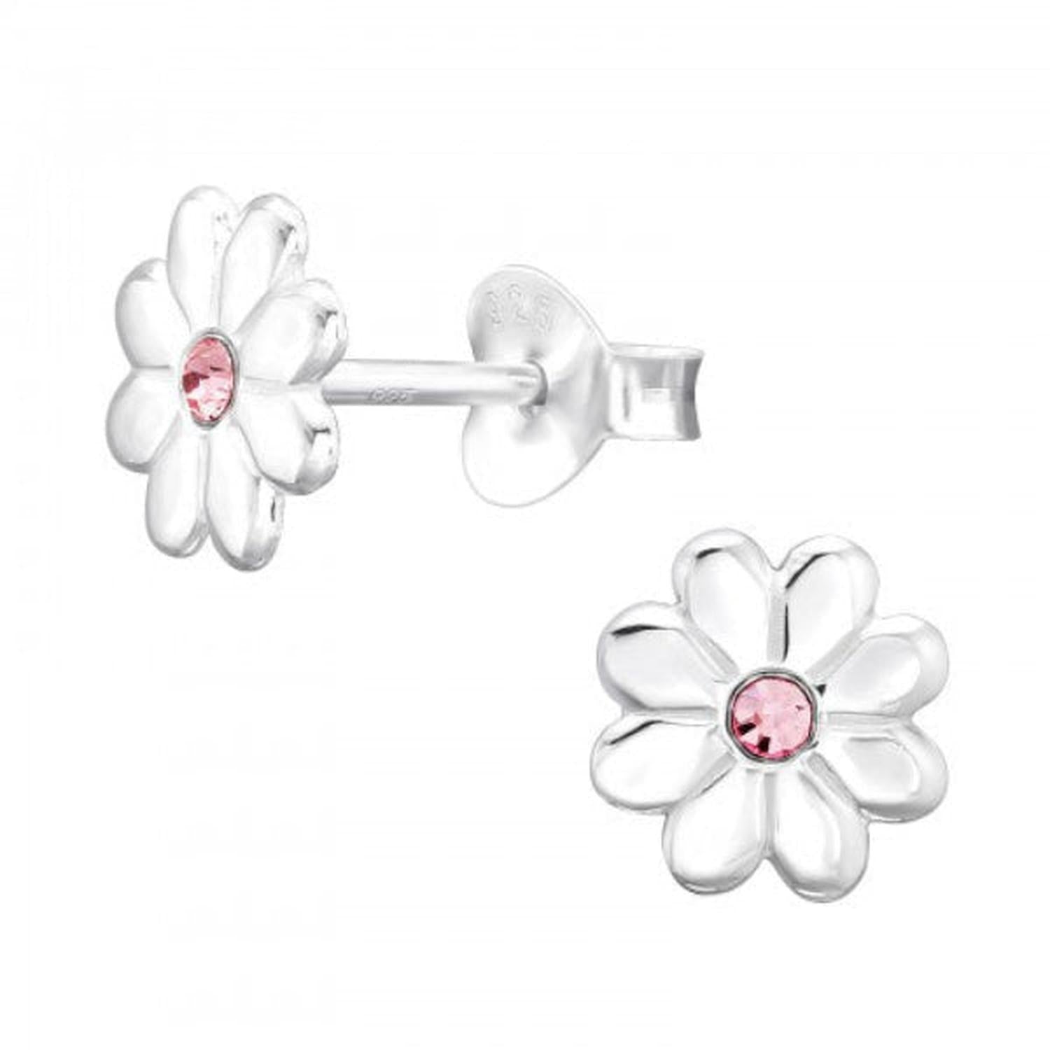 Sterling silver 7mm daisy earrings for girls with pink centre stones from Melchior Jewellery