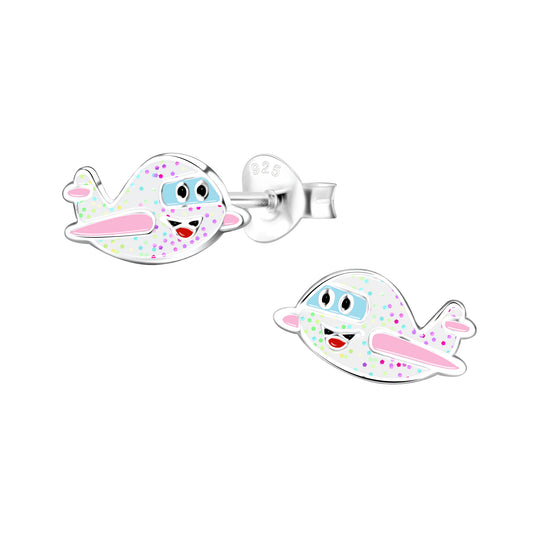 Melchior Jewellery sterling silver aeroplane stud earrings for children with colourful detailing