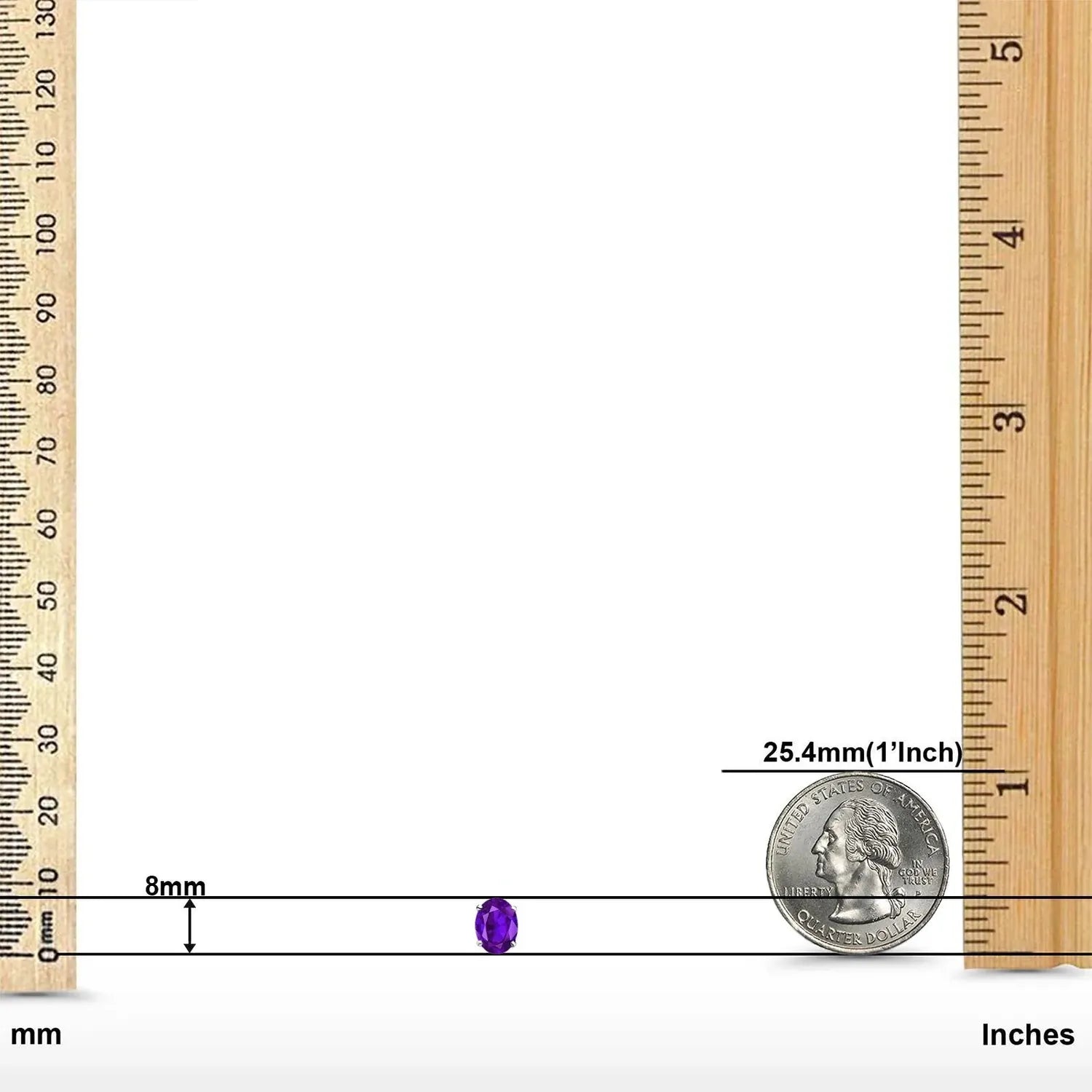 Sterling Silver Amethyst Stud Earrings featuring vibrant purple oval gemstones, 8mm in size, displayed with measurement scale