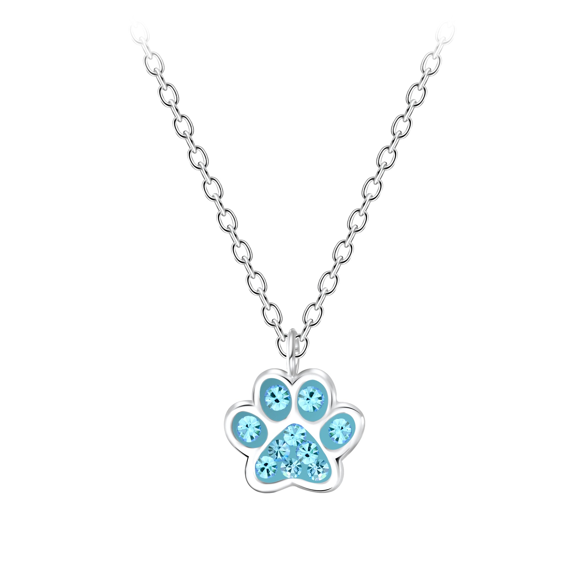 Melchior Jewellery sterling silver animal pendant for children with blue crystal paw design necklace