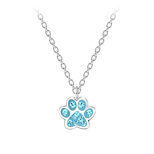 Melchior Jewellery sterling silver animal pendant for children with blue crystal paw design necklace