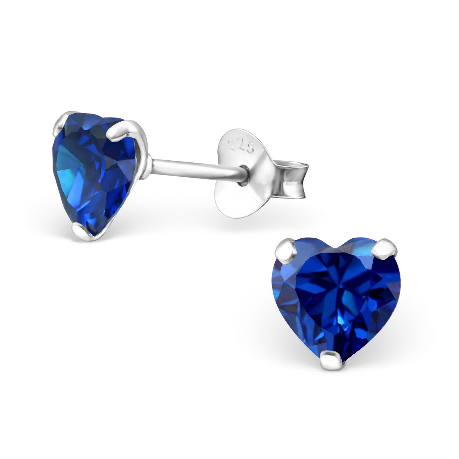 Sterling silver birthstone heart earrings with deep blue heart-shaped stones by Melchior Jewellery