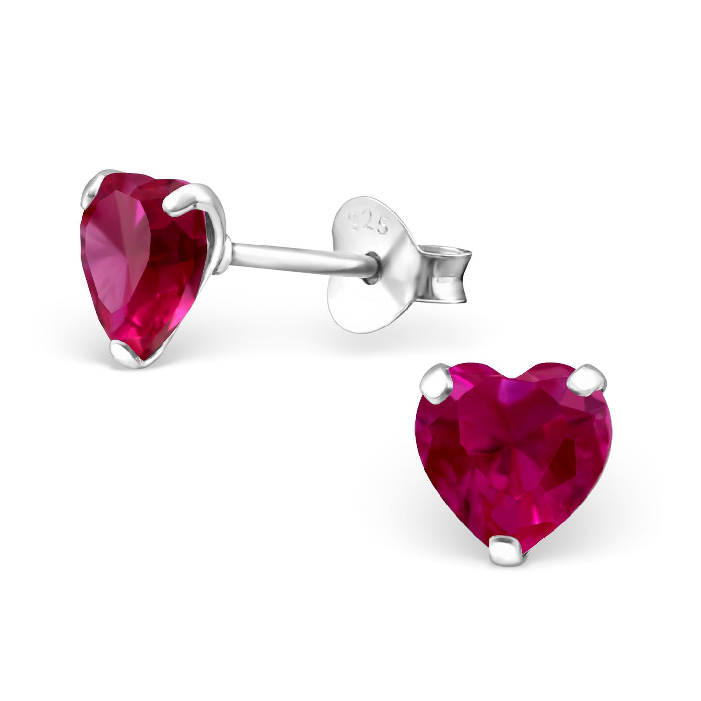 Melchior Jewellery sterling silver birthstone heart earrings with deep red heart-shaped stones