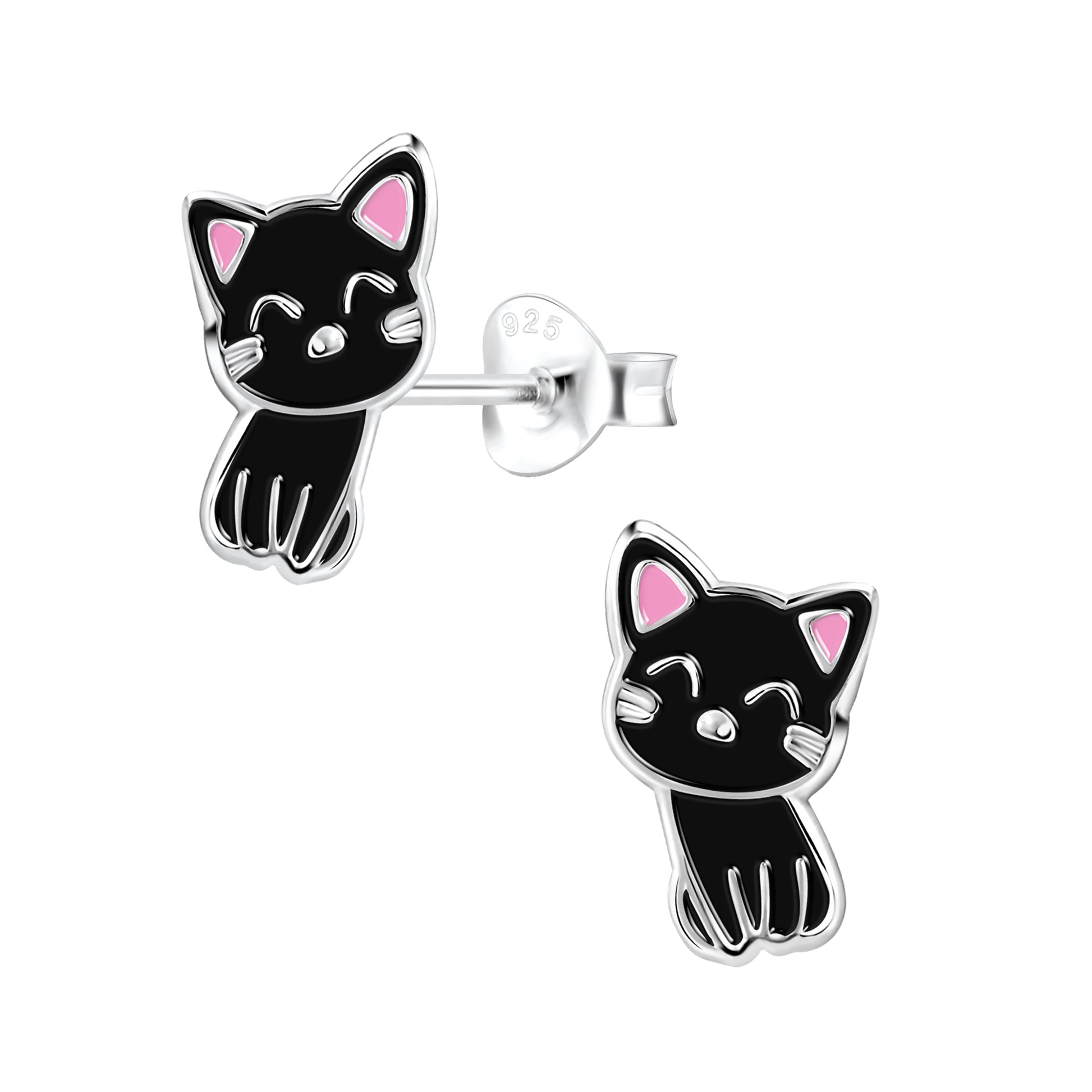 Melchior Jewellery sterling silver black cat earrings for children with pink ear details and cute design