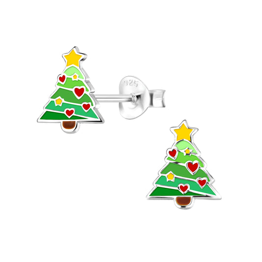 Sterling silver Christmas earrings for children shaped like festive Christmas trees with hearts and stars
