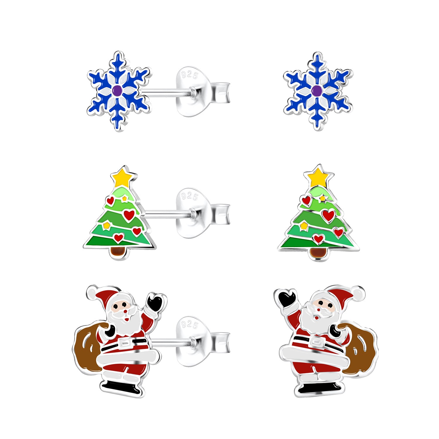 Melchior Jewellery sterling silver christmas stud earrings set with snowflake tree and Santa designs for children