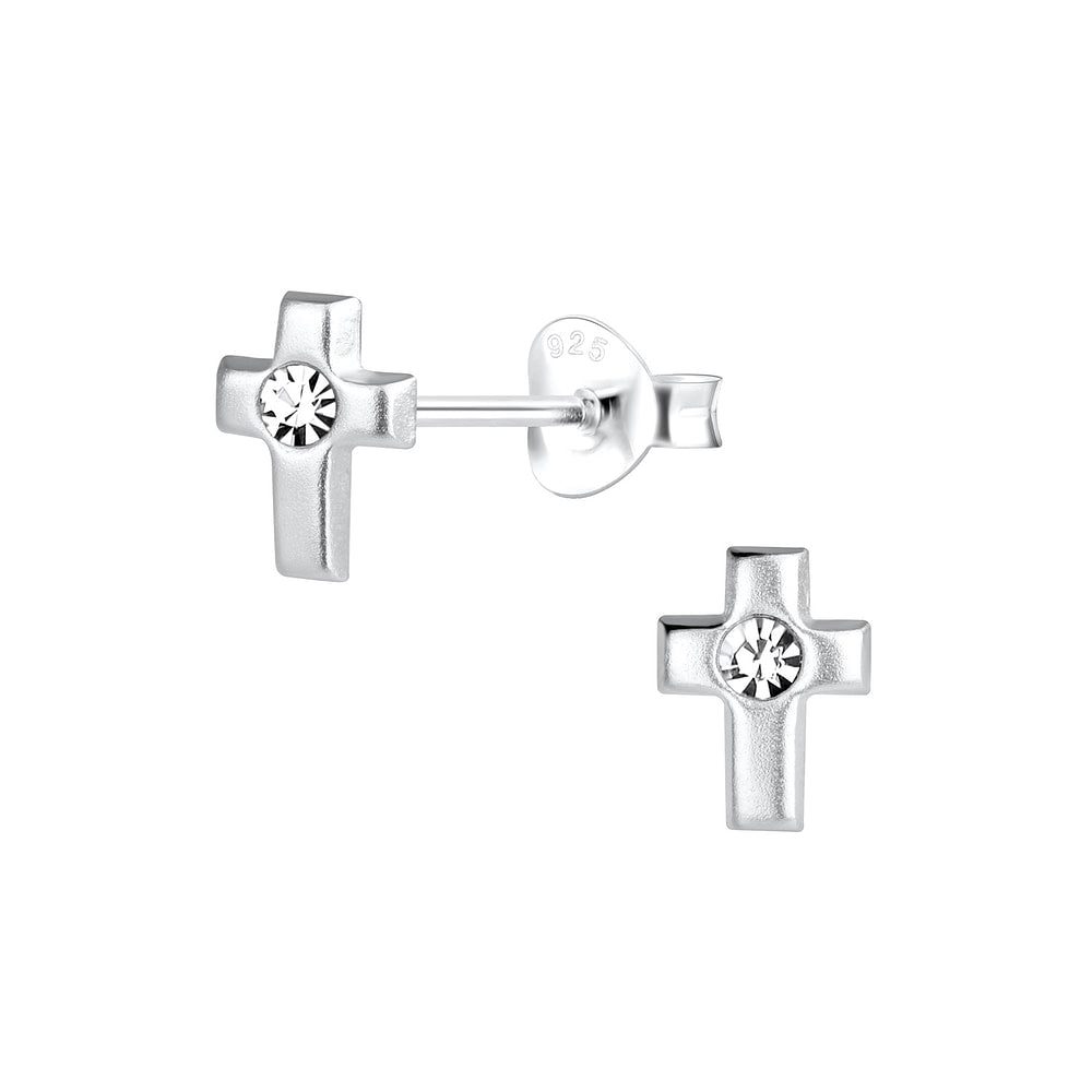 Melchior Jewellery sterling silver cross stud earrings for kids with clear gemstone centre
