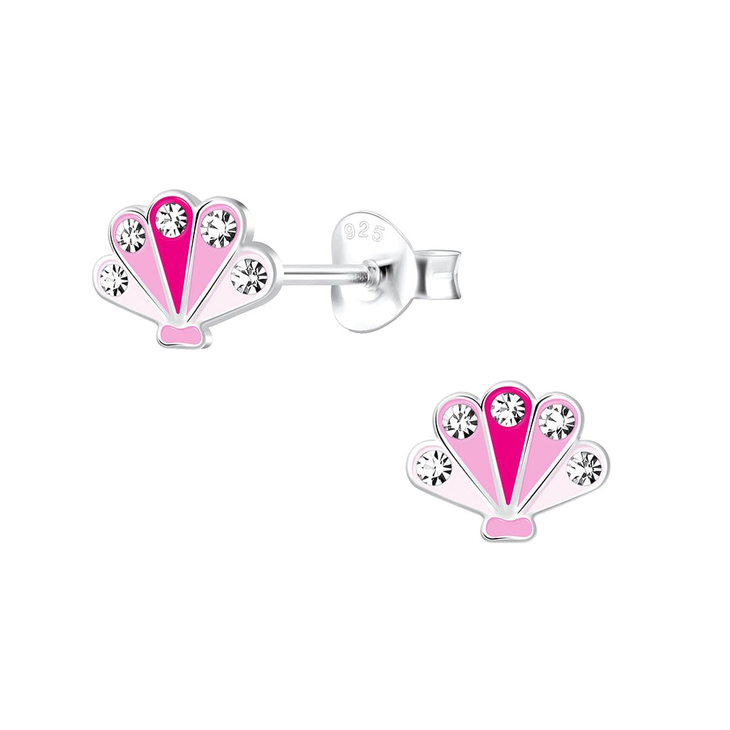 Sterling silver crystal shell earrings for children with pink enamel and sparkling crystals by Melchior Jewellery