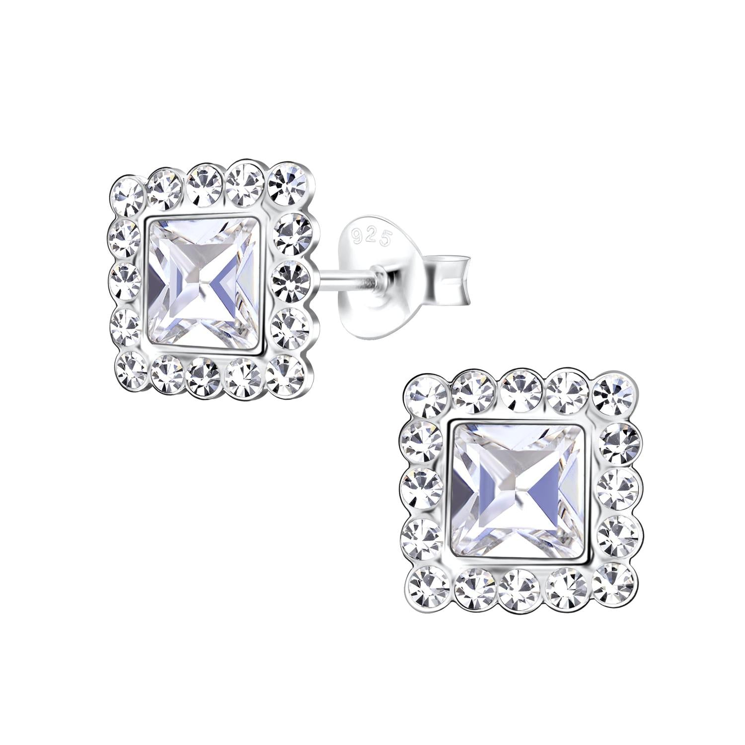 Melchior Jewellery Sterling Silver Crystal Square Stud Earrings with clear crystals in a polished silver setting