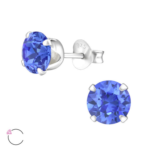 Melchior Jewellery sterling silver crystal stud earrings with round blue crystal and 4 prong 925 posts