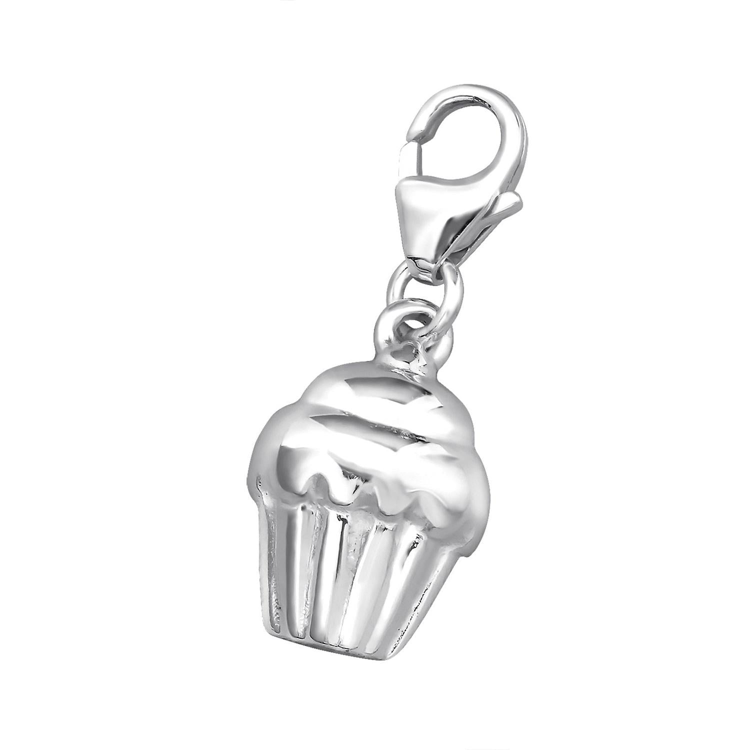 Shiny sterling silver cupcake charm with detailed frosting and clasp by Melchior Jewellery