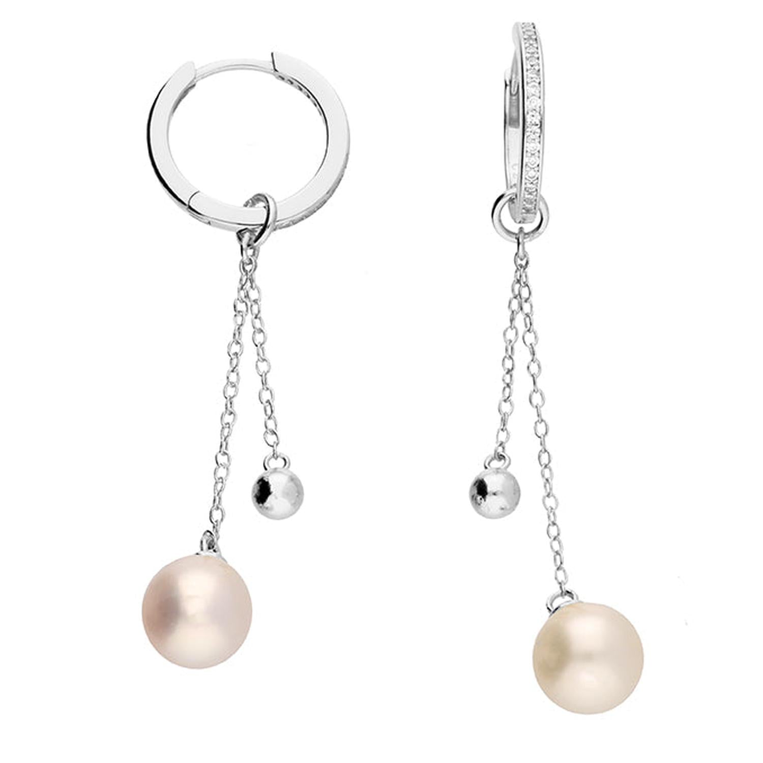 Sterling Silver CZ & Pearl Hoop Drop Earrings with white cubic zirconia stones and creamy pearl dangles by Melchior Jewellery
