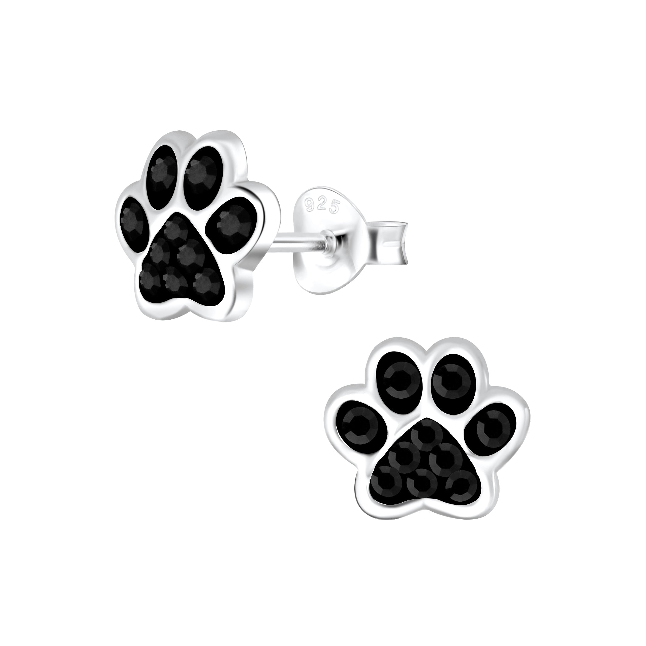 Melchior Jewellery childrens sterling silver dog paw stud earrings with black crystal insets small kids studs