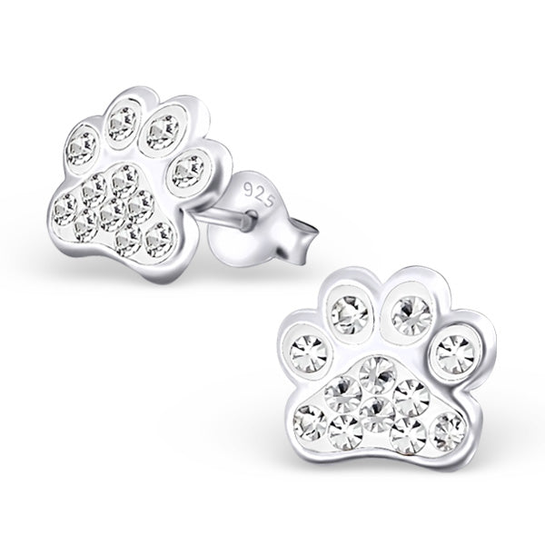 Melchior Jewellery childrens sterling silver dog paw stud earrings with clear crystal accents for kids