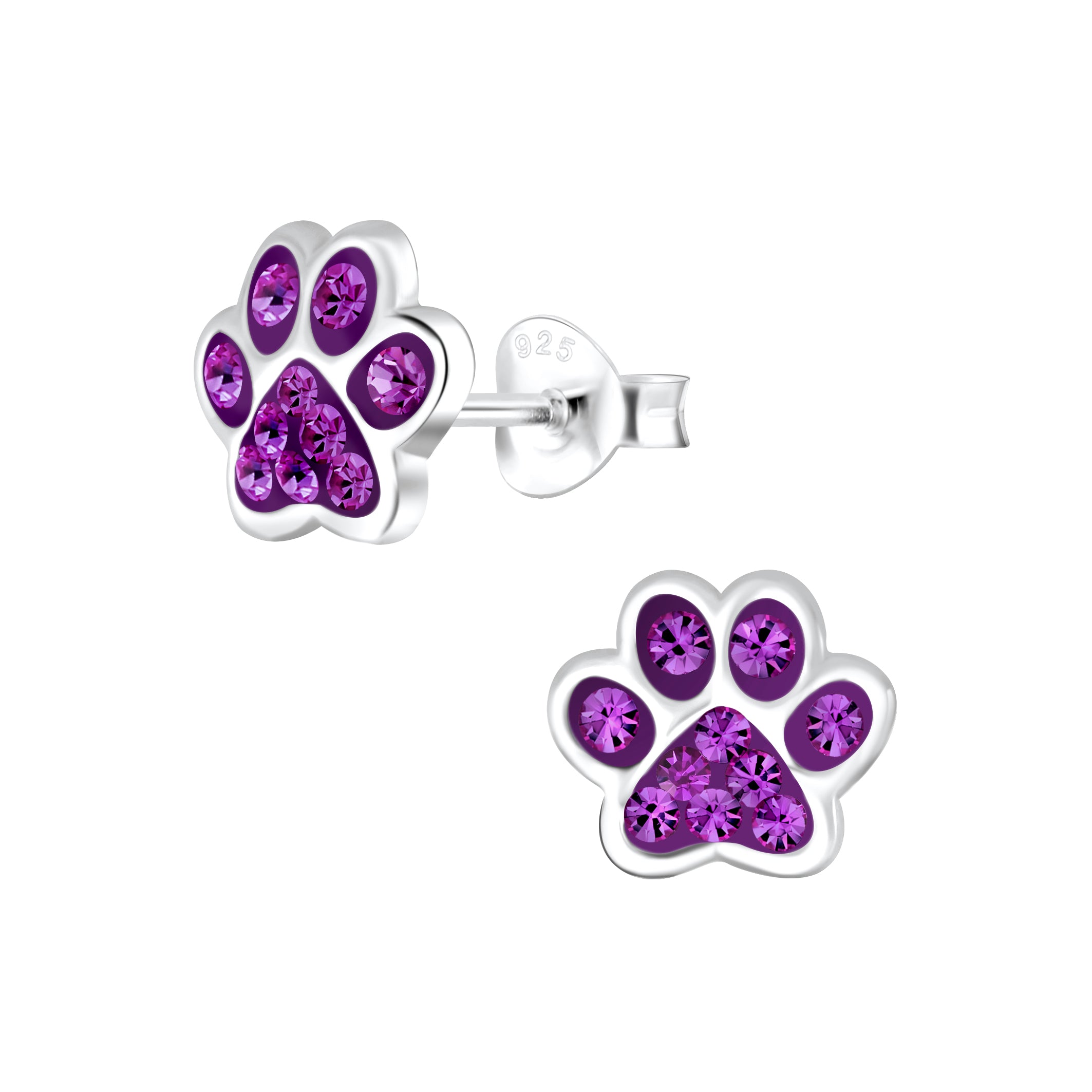 Melchior Jewellery sterling silver dog paw stud earrings for children with purple crystal stones and 925 posts