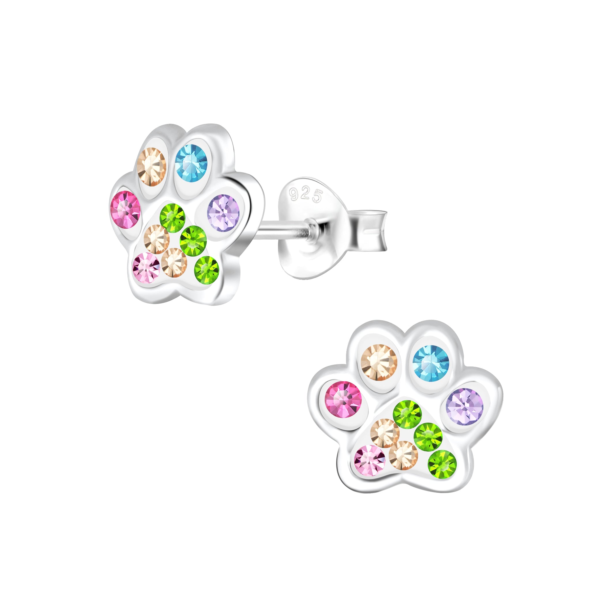 Melchior Jewellery childrens sterling silver dog paw stud earrings with multicolour crystal stones and 925 posts
