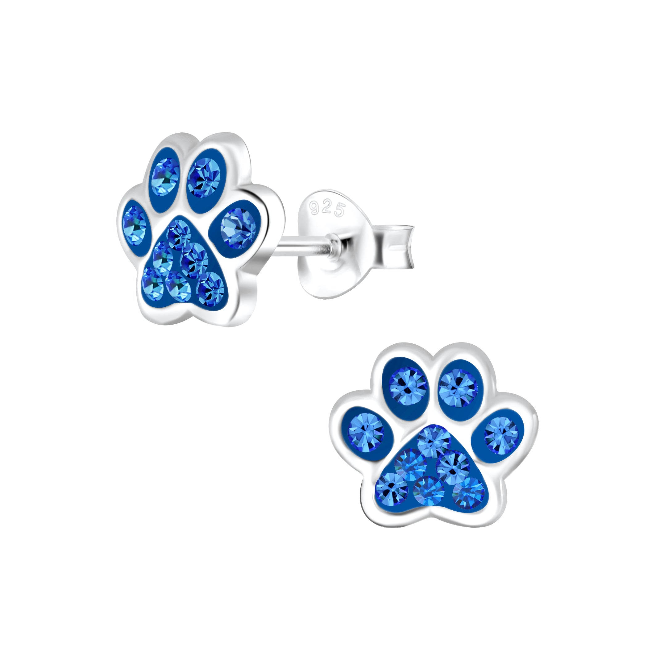 Melchior Jewellery childrens sterling silver dog paw stud earrings with blue crystal inlay and 925 posts