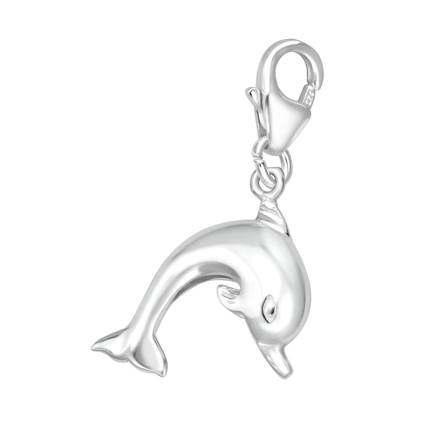Sterling Silver Dolphin Clip on Charm by Melchior Jewellery featuring a shiny, polished dolphin with a lobster clasp