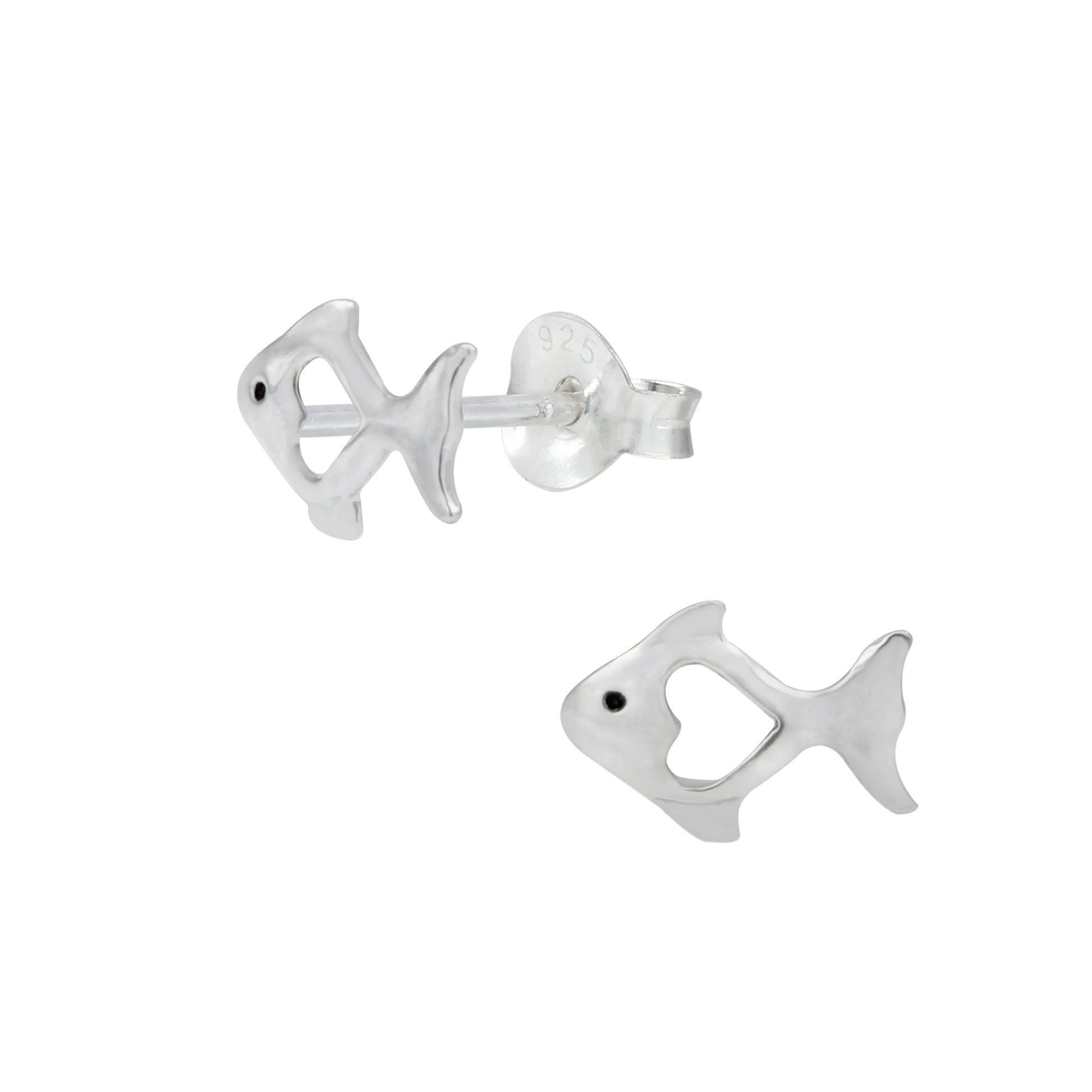 Sterling silver fish studs for girls by Melchior Jewellery with heart cut-out design and black eye detail