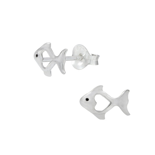 Sterling silver fish studs for girls by Melchior Jewellery with heart cut-out design and black eye detail