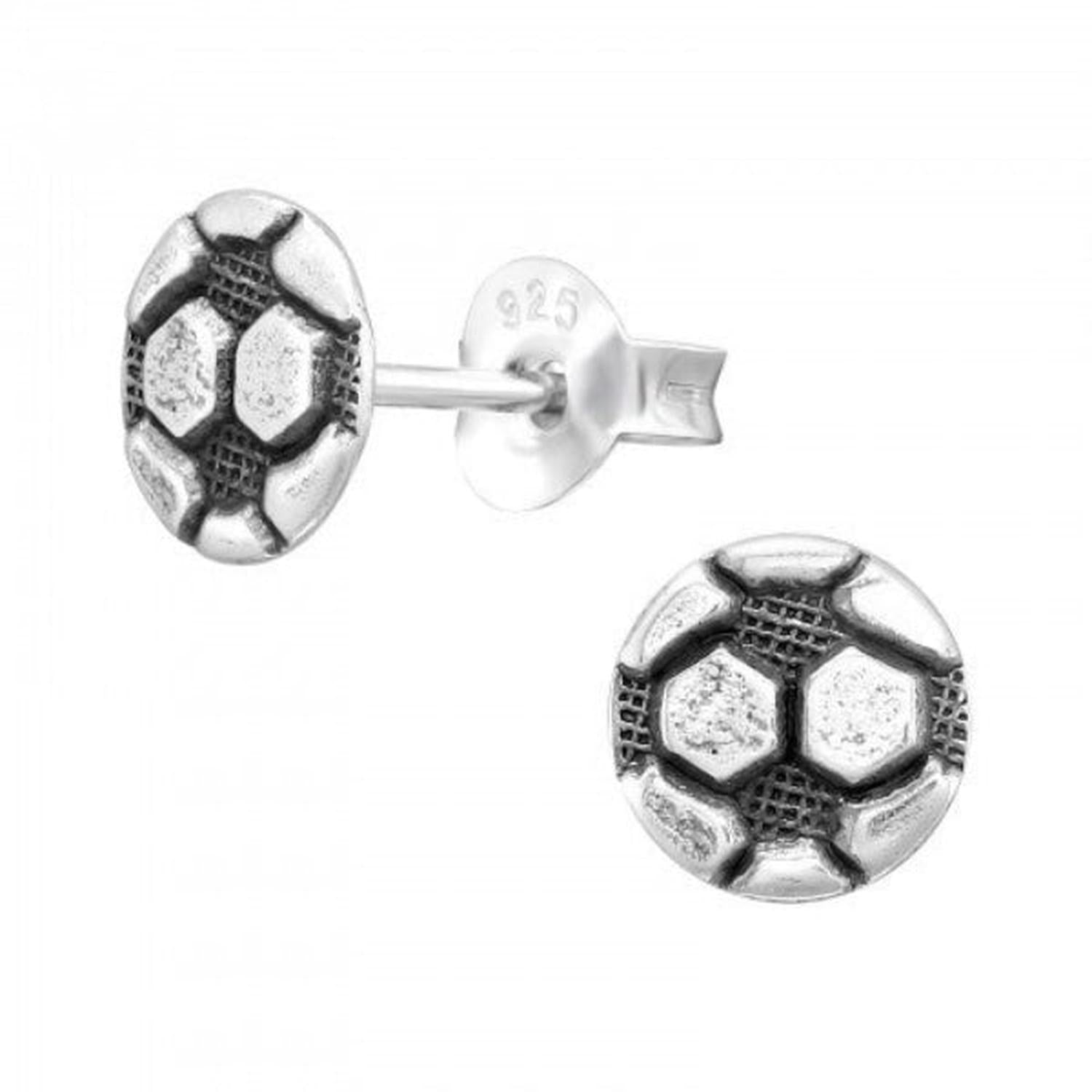 Sterling silver football stud earrings by Melchior Jewellery with detailed hexagon pattern design