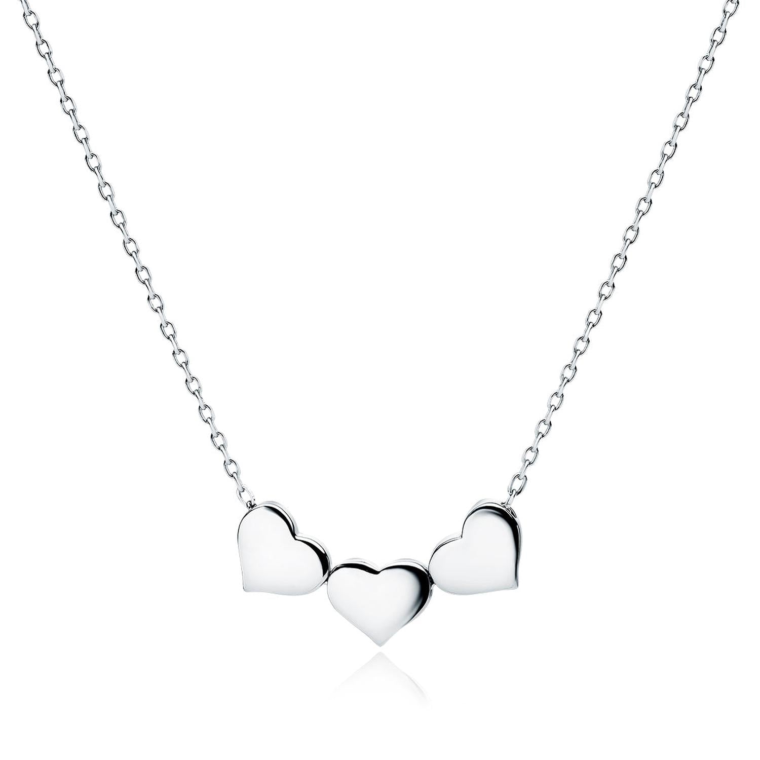 Sterling silver heart choker necklace with three polished heart pendants on delicate chain