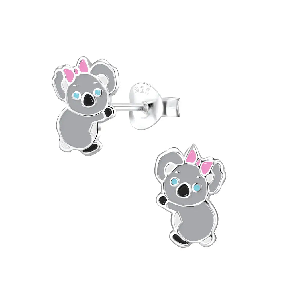 Sterling silver kids animal jewellery koala earrings with pink bows for children by Melchior Jewellery