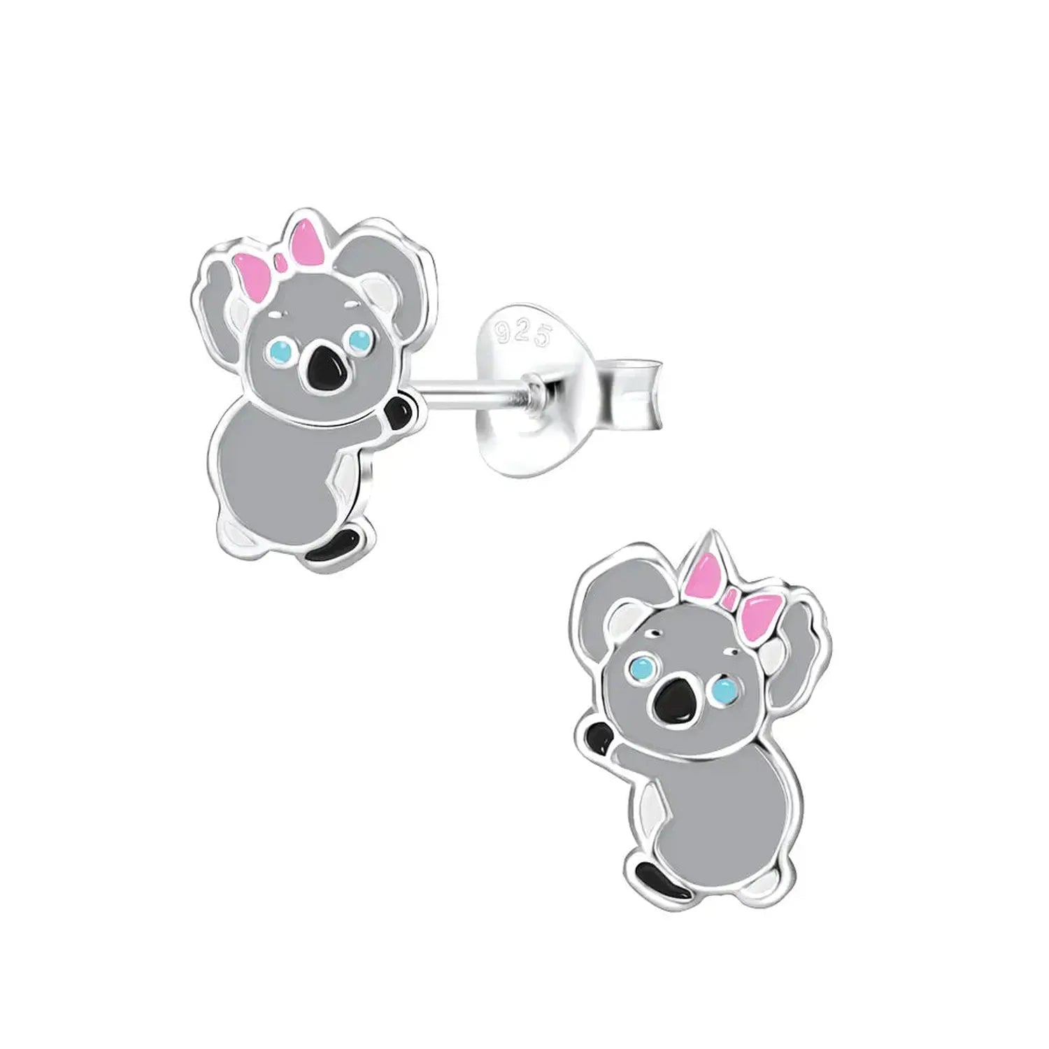 Sterling silver kids animal jewellery koala earrings with grey enamel and pink bow details by Melchior Jewellery