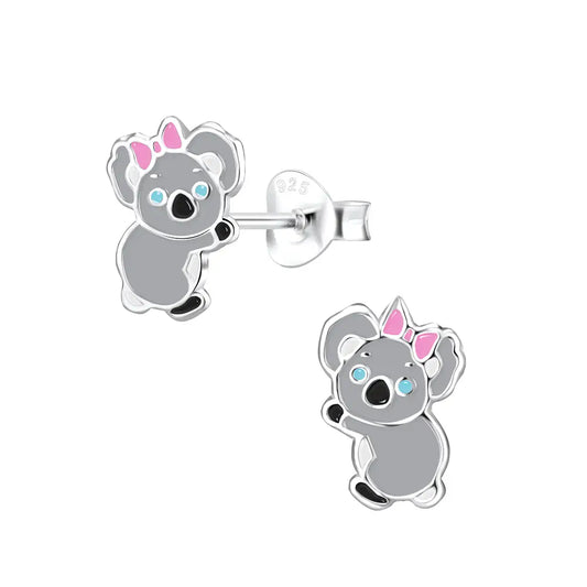Sterling silver kids animal jewellery koala earrings with pink bows for children by Melchior Jewellery
