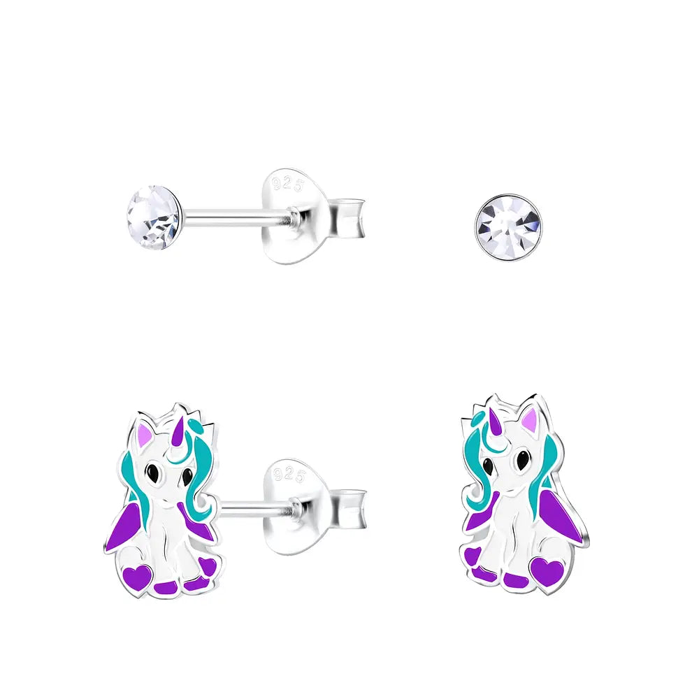 Sterling silver kids earring set featuring crystal studs and colourful unicorn designs by Melchior Jewellery