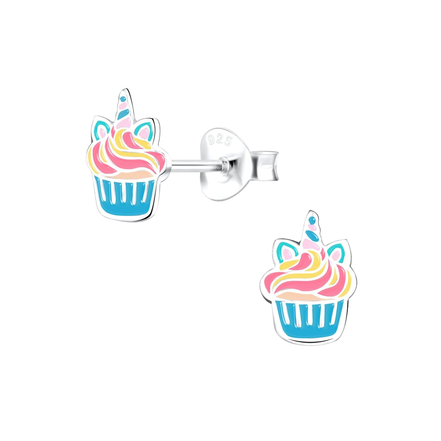 Sterling silver kids earrings shaped like colourful unicorn cupcake studs by Melchior Jewellery