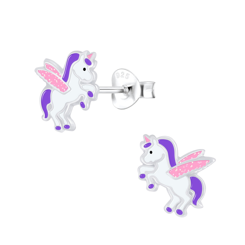 Sterling silver kids earrings unicorn design with purple mane and pink wings by Melchior Jewellery