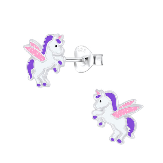 Melchior Jewellery sterling silver kids earrings unicorn design with pink wings and purple mane