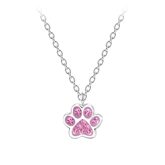 Melchior Jewellery sterling silver kids necklace with pink crystal paw pendant for children