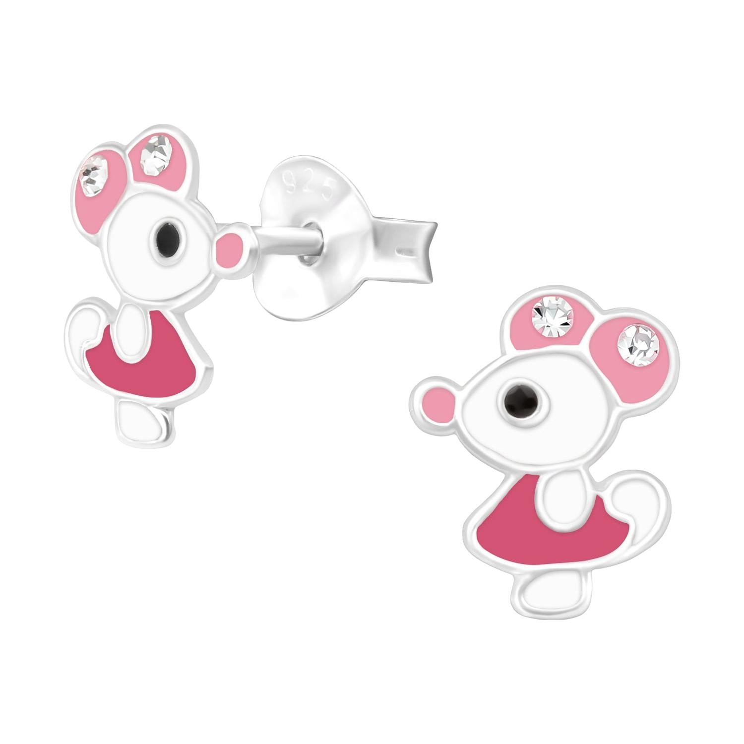Melchior Jewellery sterling silver mouse studs for girls with pink enamel and crystal details