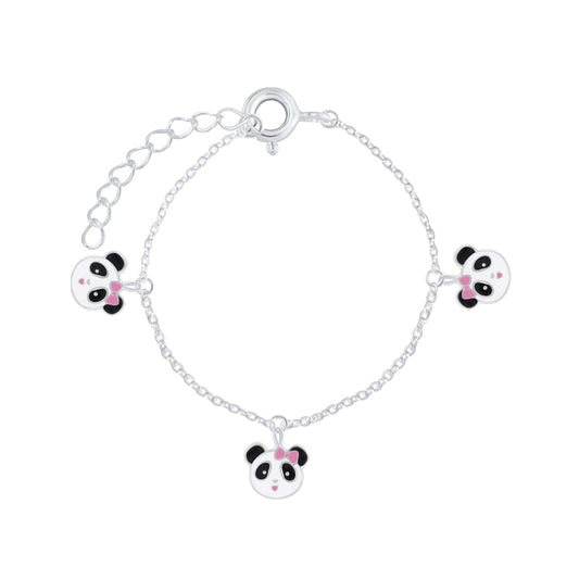 Sterling silver panda charm bracelet for girls with three cute panda face charms and adjustable chain
