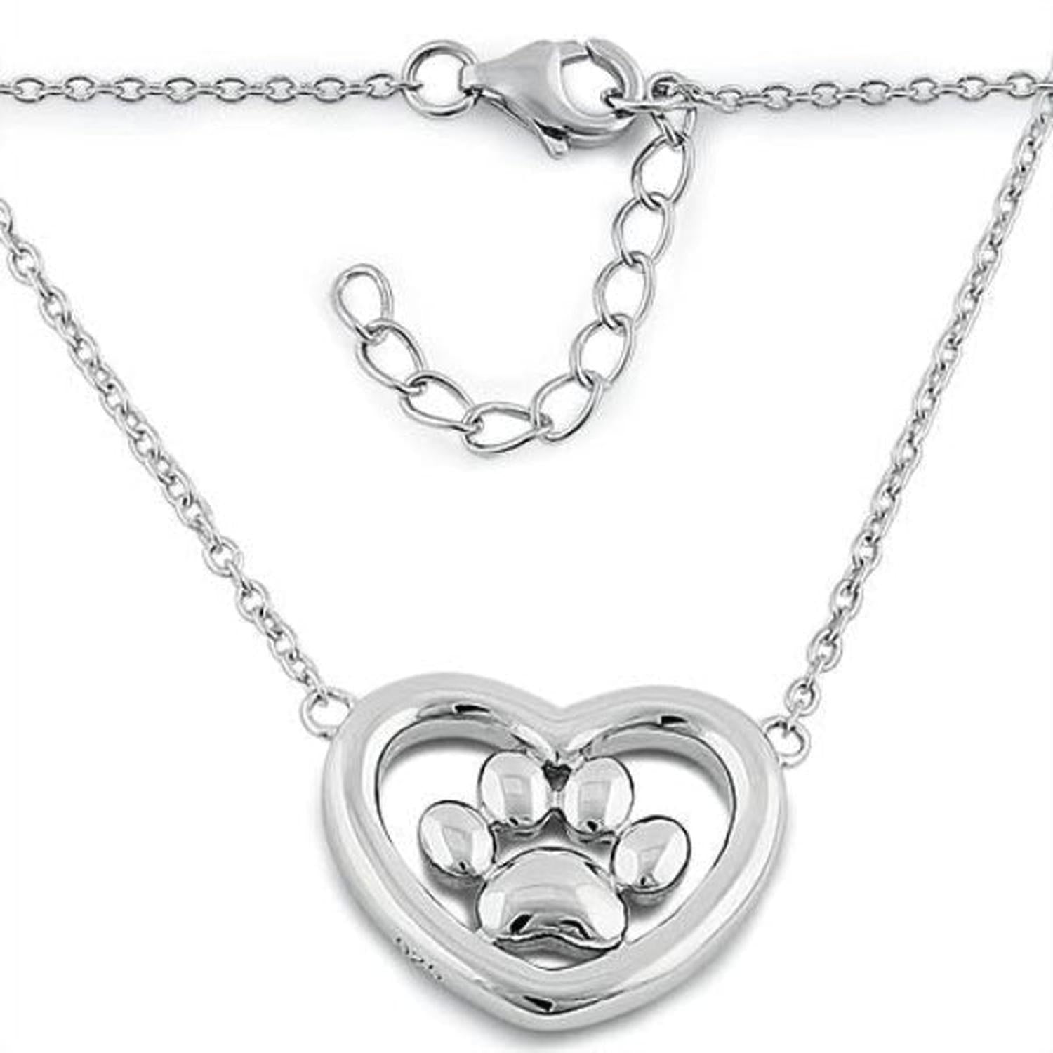 Sterling silver paw print necklace with heart-shaped pendant and adjustable chain for women
